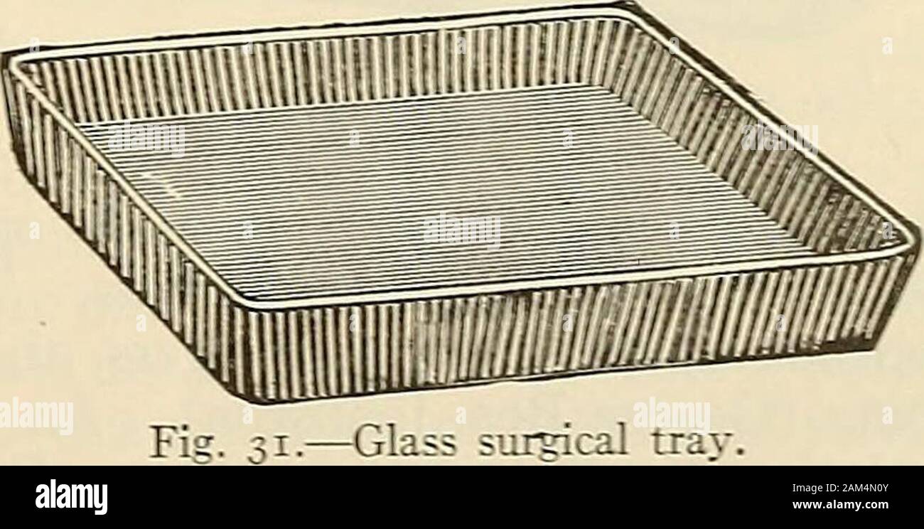 Modern surgery, general and operative . 30.—Porcelain surgical tray.. I.—Glass surgical Uay. most cases after the patient has been anesthetized, and find this plan morecomfortable for the patient, less troublesome, and equally efiective. MLen the time for the operation arrives, the siugeon and his assistantsremove their clothing and put on duck trousers and thin, short-sleeved shirts ofwhite muslin. After sterilizing the hands and forearms they envelop themselvesin aseptic or antiseptic sheets or gowns, to protect the patient and themselves.The gowns should have sleeves long enough to cover t Stock Photo