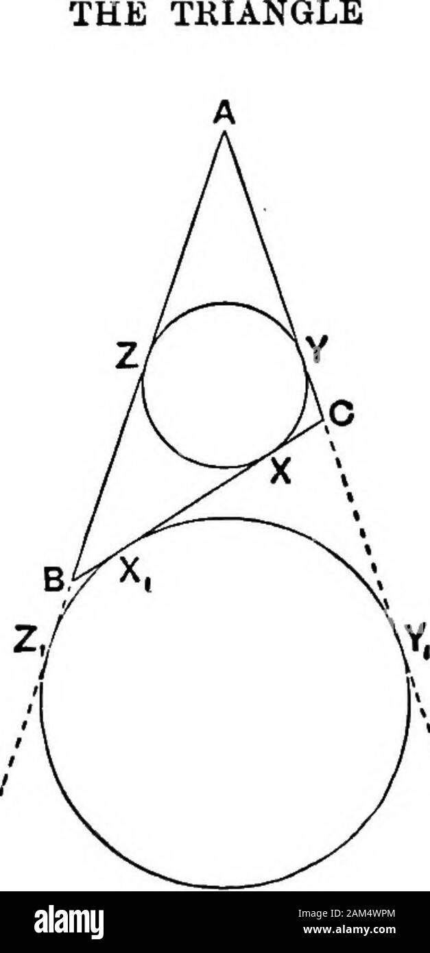 Modern geometry . fig. 16. A 1;CA + A IjAB - A liBC = A ABO.J^ow A liCA = ^IjYi. CA A liAB = |riC,A liBC = ^r^a; h + o — a 2 = A. But 6 + c — a = (a + 6 + c)-2ffl= 2s - 2a;.*. ri (s - a) = A;A Similarly r, =-^^, r,= ?^^. THE TRIANGLE 27 1 SR Ex. 48. Prove that in an equilateral triangle r=^R, r=ri=ri=-^. Ex. 48. If the ex-centres be joined, the triangle so formed is similar tothe triangle XYZ. Ex. SO. Prove that the circle on llj as diameter passes through B and C.Hence construct a triangle, having given BC, z B, and the length iii, Ex. 51. AZi + AYi = AB-|-AC + BC. Ex. 62. AYi = AZi = s. Ex. Stock Photo