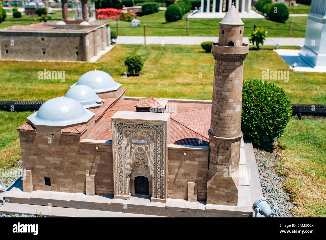 Istanbul, Turkey - July 12, 2017: the reduced copy of the Nigde Alaeddin mosque at Miniaturk Park Stock Photo