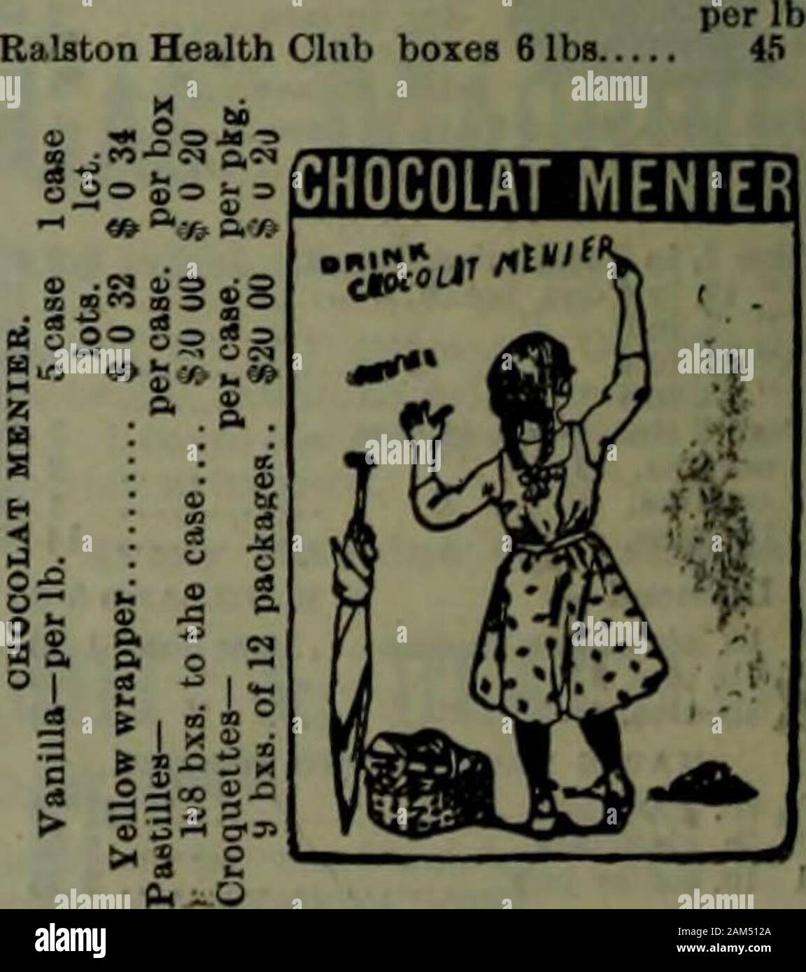 Canadian grocer July-December 1898 . CADBURTS.Frank Magor & Co., Agents.  per doz Cocoa essence, 3 oz. packages $1 65 per lbMexican chocolate, % and  % lb. pkgs. 0 40 Rock Chocolate, loose