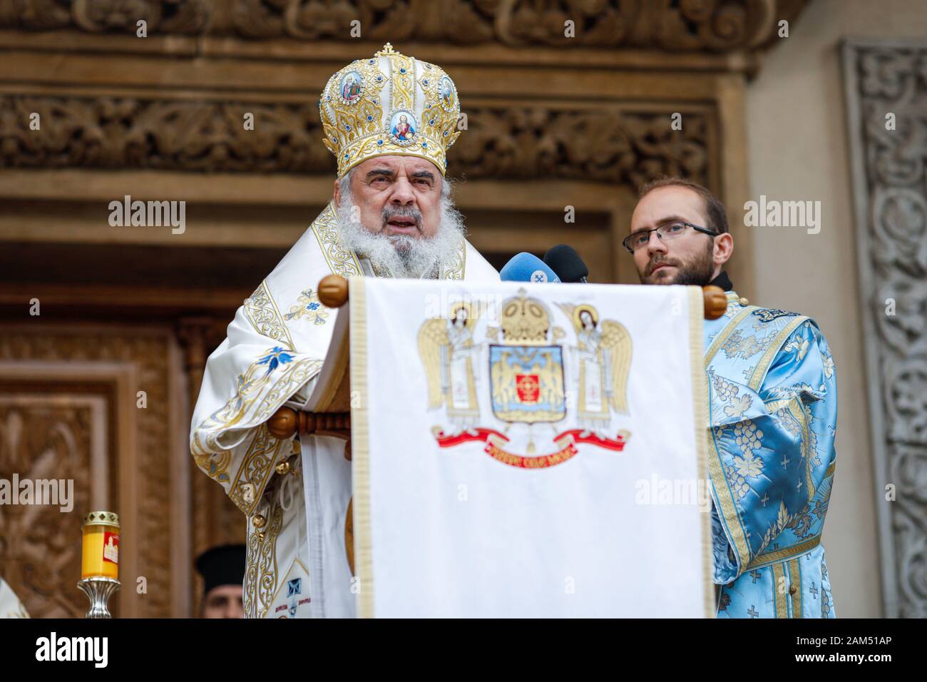 Bucharest, Romania - January 6, 2020: Romanian Orthodox Patriarch Daniel during the Epiphany mass, outside the patriarchal palace. Stock Photo