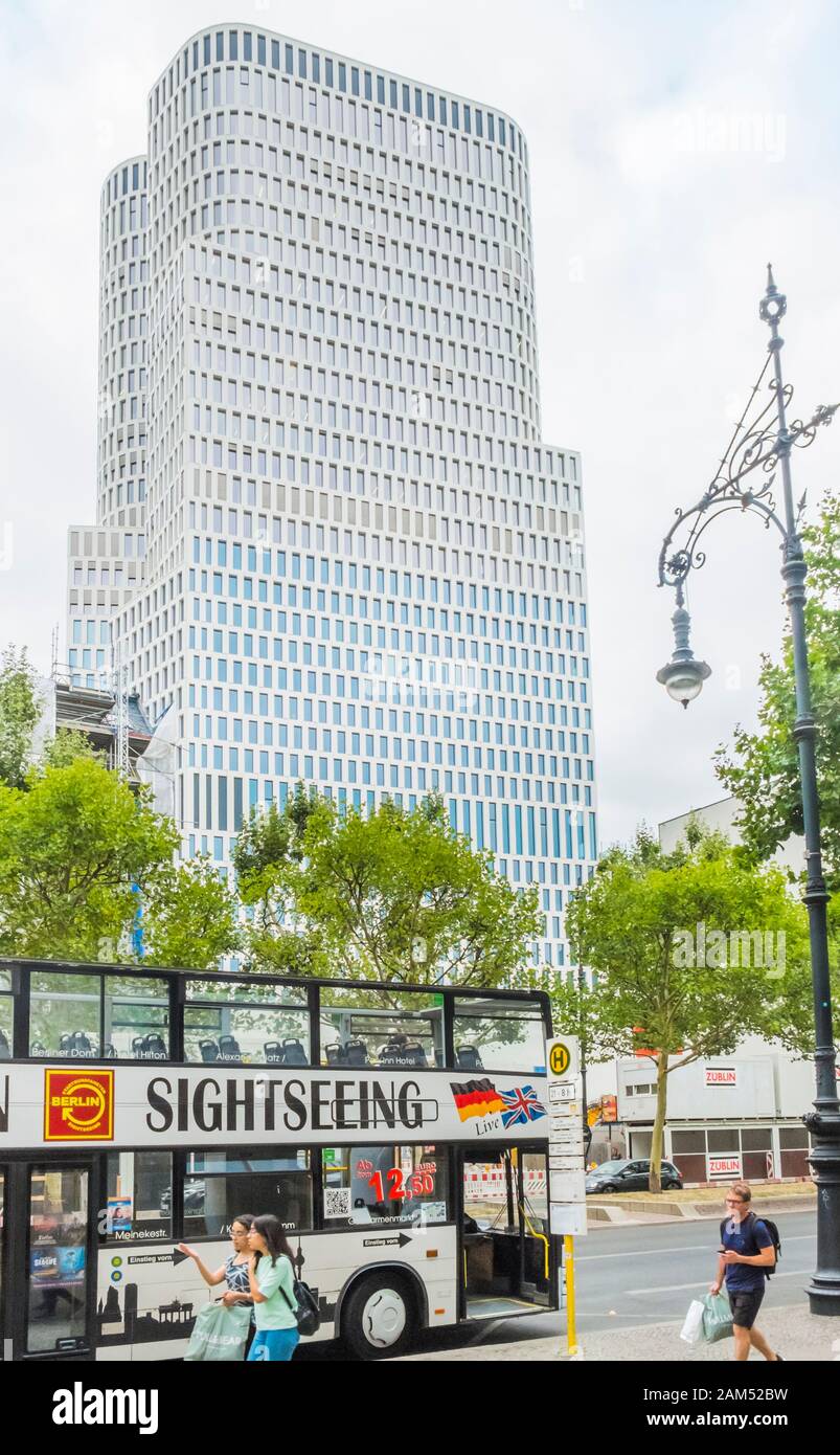 sightseeing bus in front of upper west tower, charlottenburg borough Stock Photo