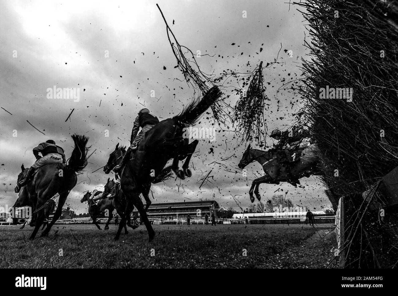 General view of runners and riders during the McCoy Contractors Civil Engineering Classic Handicap Chase at Warwick Racecourse. Stock Photo