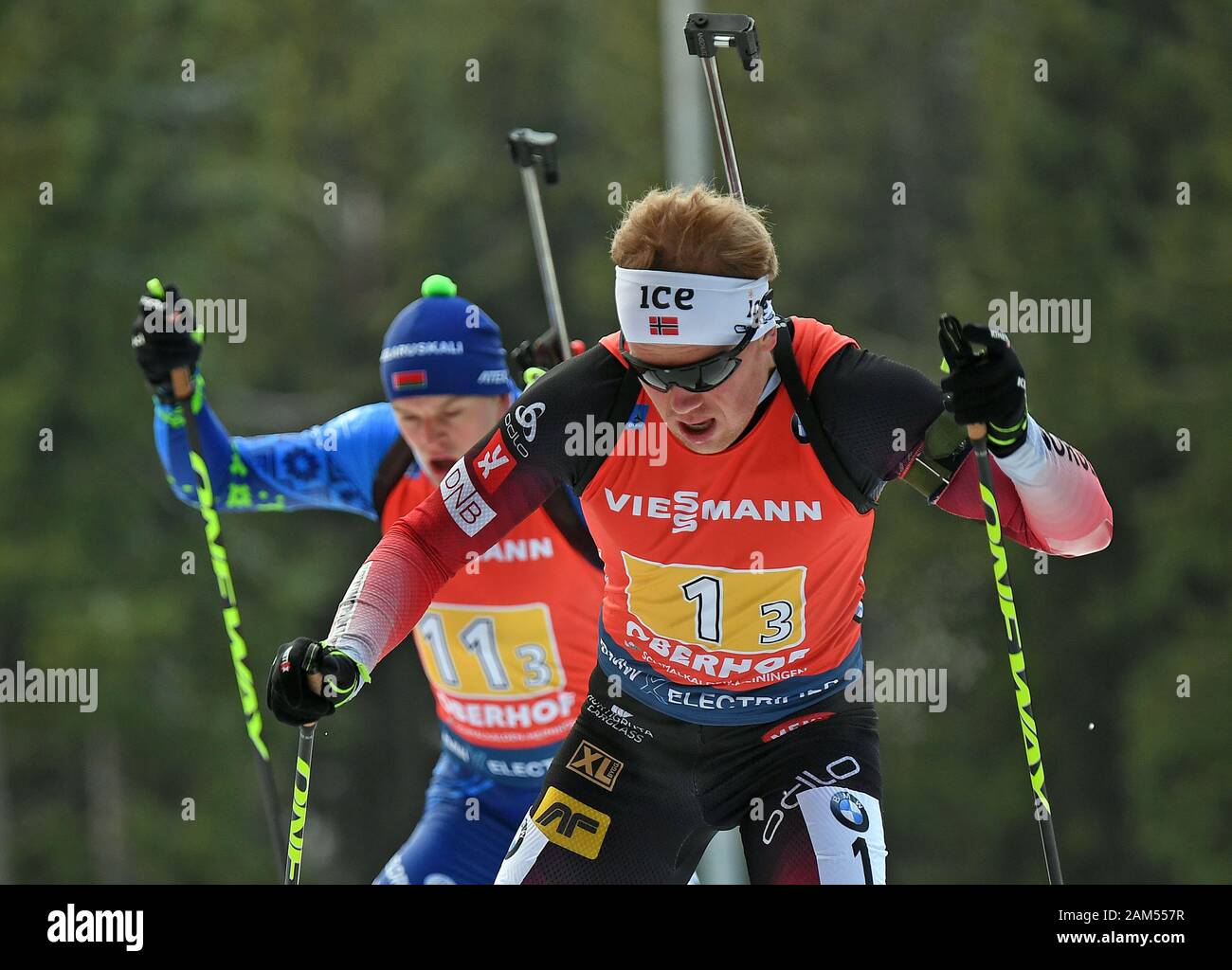 Oberhof Germany 11th Jan 2020 Biathlon World Cup Relay 4 X 7 5 Km Men Johannes Dale R From Norway Is Running Ahead Of Raman Yaliotnau From Belarus Credit Hendrik Schmidt Dpa Zentralbild Dpa Alamy Live News