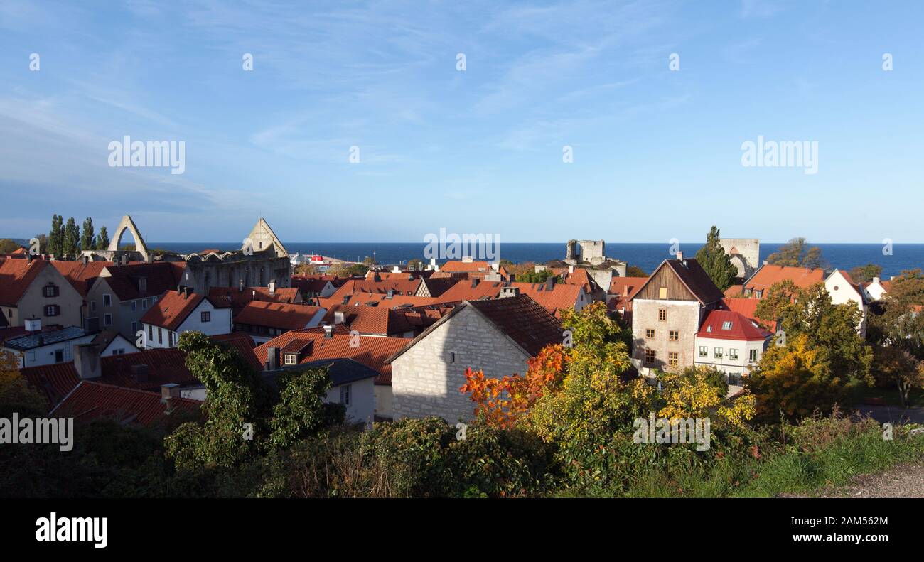 VISBY, SWEDEN ON OCTOBER 12, 2019. View of buildings, roof. Old house, homes in the town. The Baltic Sea. Editorial use. Stock Photo