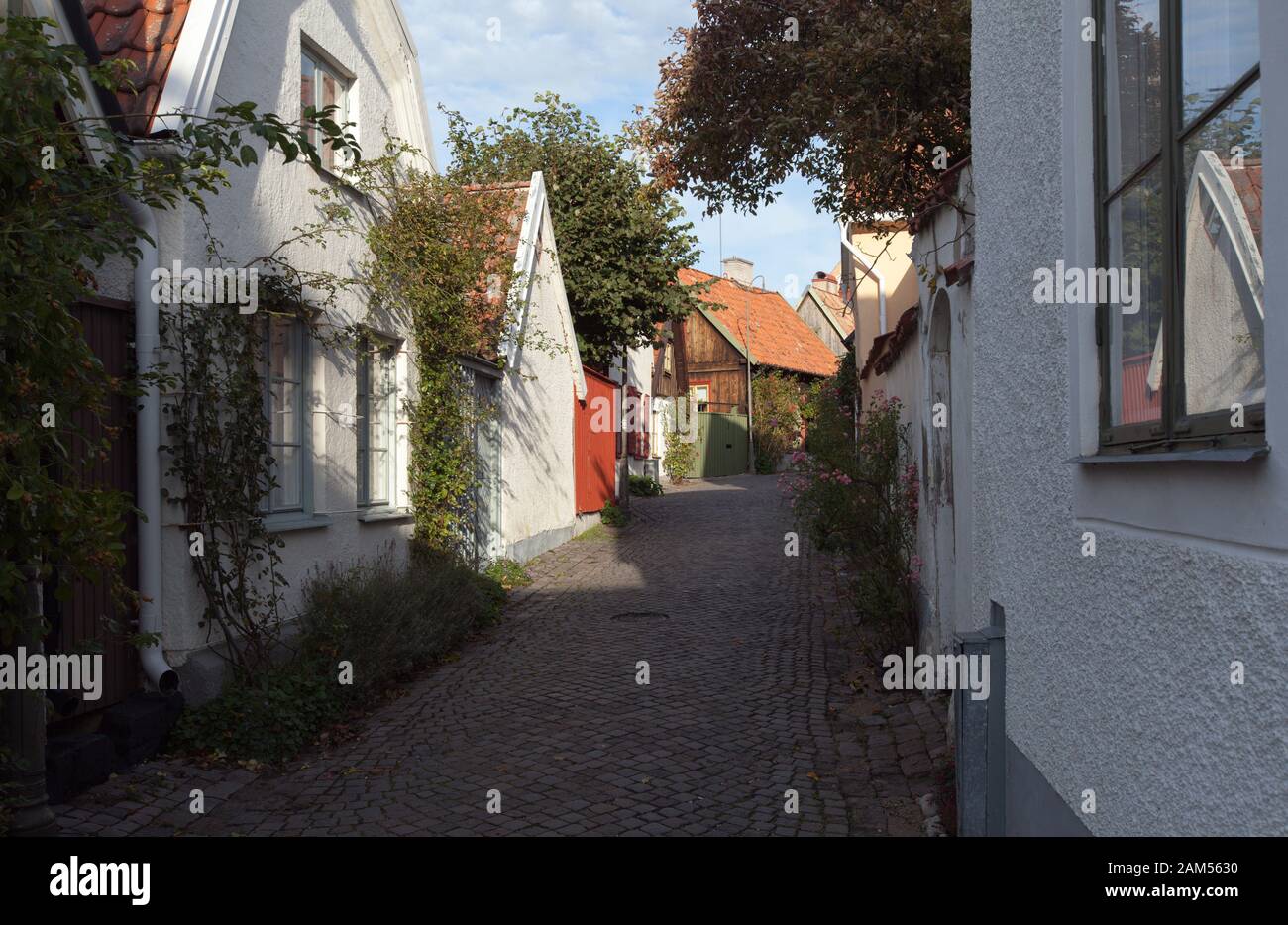 VISBY, SWEDEN ON OCTOBER 12, 2019. Street view of buildings during the autumn. Old house, homes in the town. Editorial use. Stock Photo