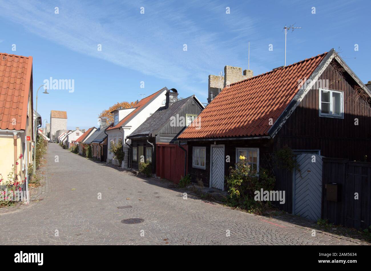 VISBY, SWEDEN ON OCTOBER 12, 2019. Street view of buildings during the autumn. Old house, homes in the town. Editorial use. Stock Photo