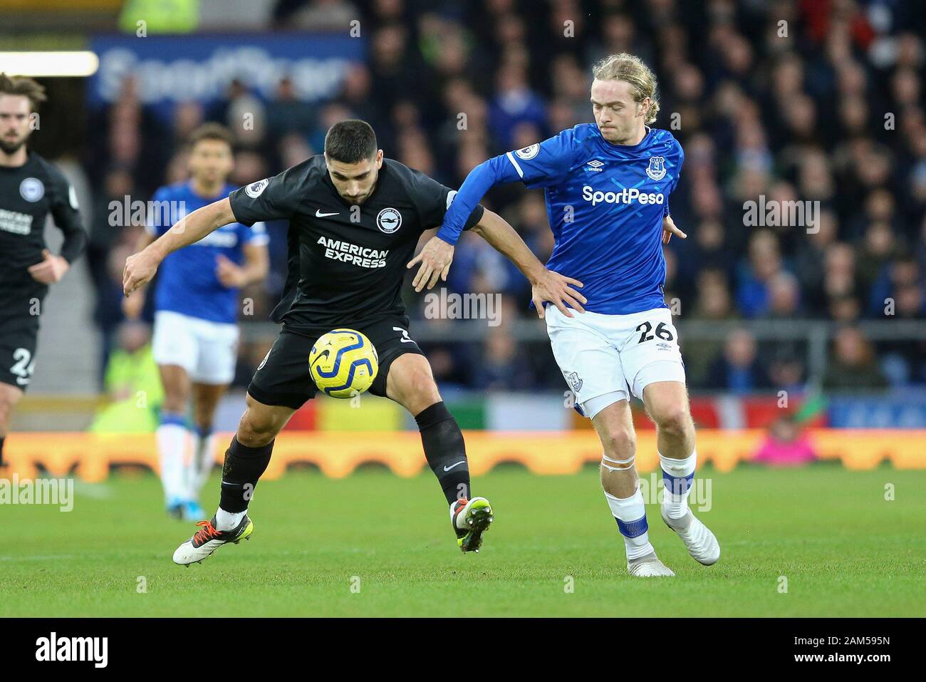 Liverpool, UK. 11th Jan, 2020. Neal Maupay of Brighton & Hove Albion competes for the ball with Tom Davies of Everton. Premier League match, Everton v Brighton & Hove Albion at Goodison Park in Liverpool on Saturday 11th January 2020. this image may only be used for Editorial purposes. Editorial use only, license required for commercial use. No use in betting, games or a single club/league/player publications. pic by Chris Stading/Andrew Orchard sports photography/Alamy Live news Credit: Andrew Orchard sports photography/Alamy Live News Stock Photo