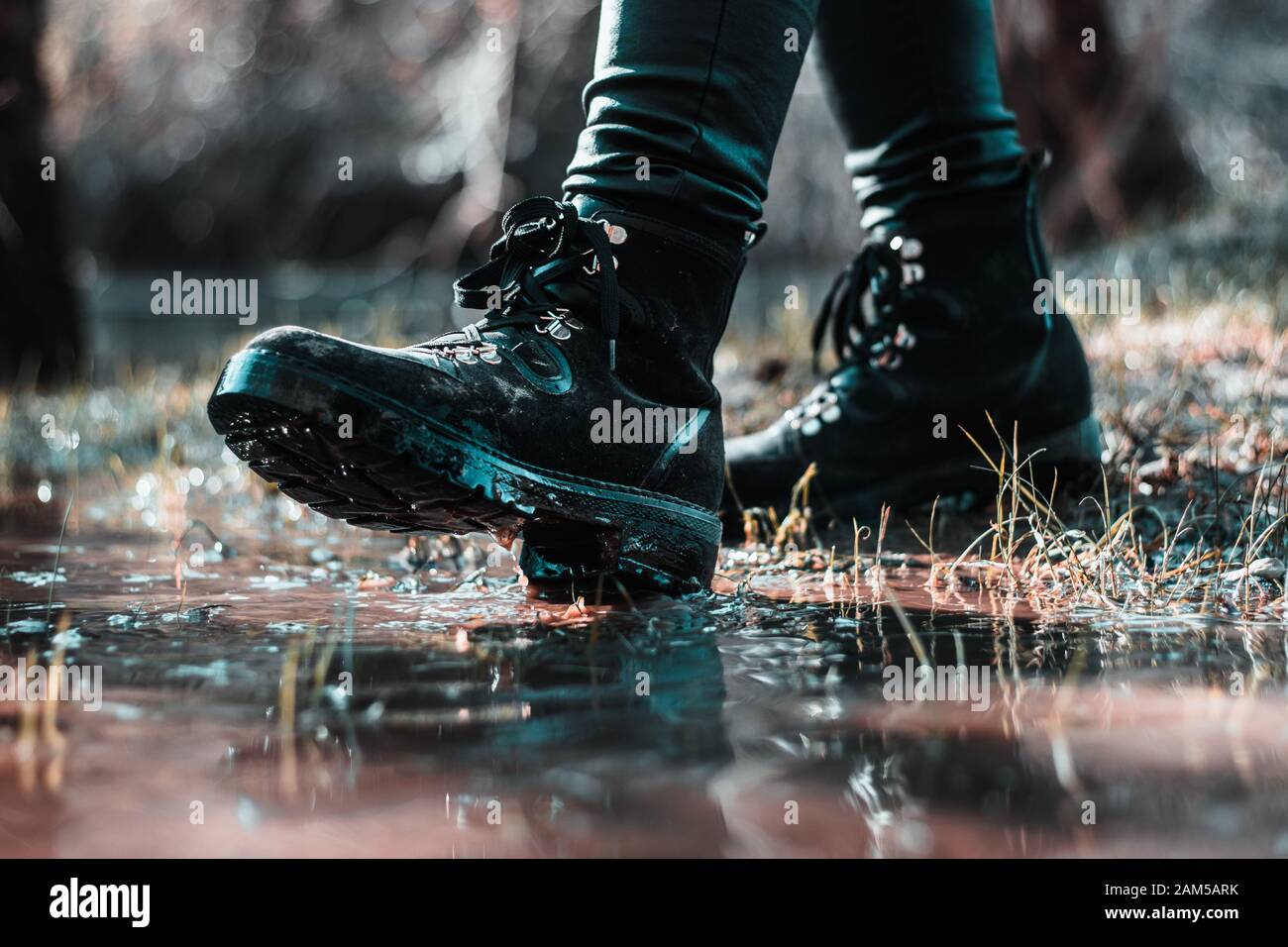 Closeup of two woman's black boots, walking on a puddle in the field. Cold rainy winter day, bad weather.Taking a step in the right direction Stock Photo