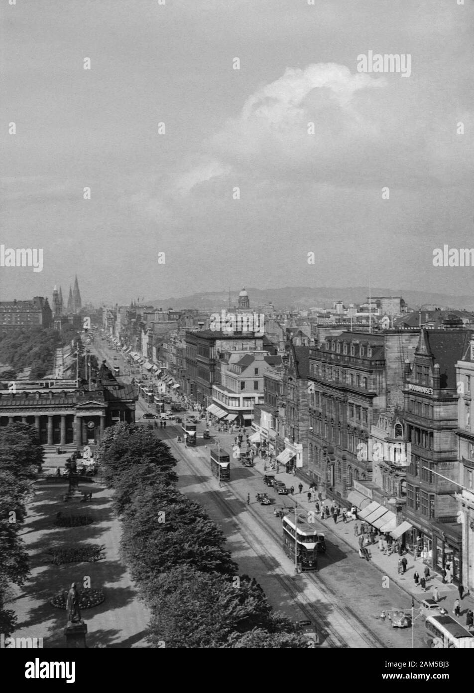 Princes Street, Edinburgh during the 1950s note the original trams on route Stock Photo