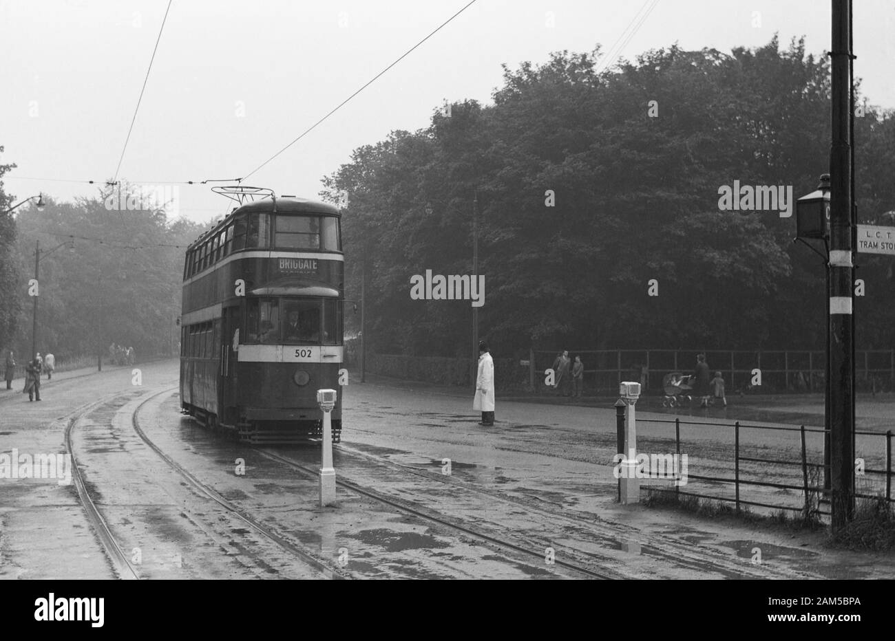 Leeds (Feltham) tram no. 502 on route to Briggate. Image taken in 1959 before the decommissioning of the Tramway network. Stock Photo