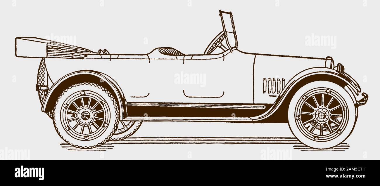 Classic 7-passenger touring car in side view. Illustration after an engraving from the early 20th century Stock Vector