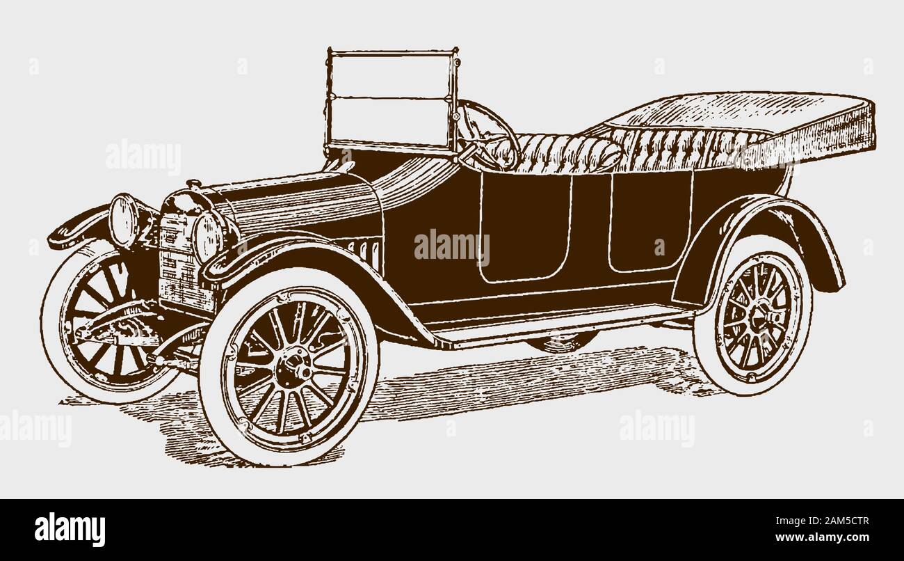 Classic 5-passenger touring car in three-quarter front view. Illustration after an engraving from the early 20th century Stock Vector