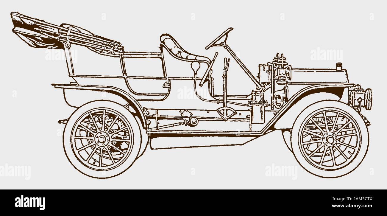 Classic 4-passenger touring car in side view. Illustration after an engraving from the early 20th century Stock Vector