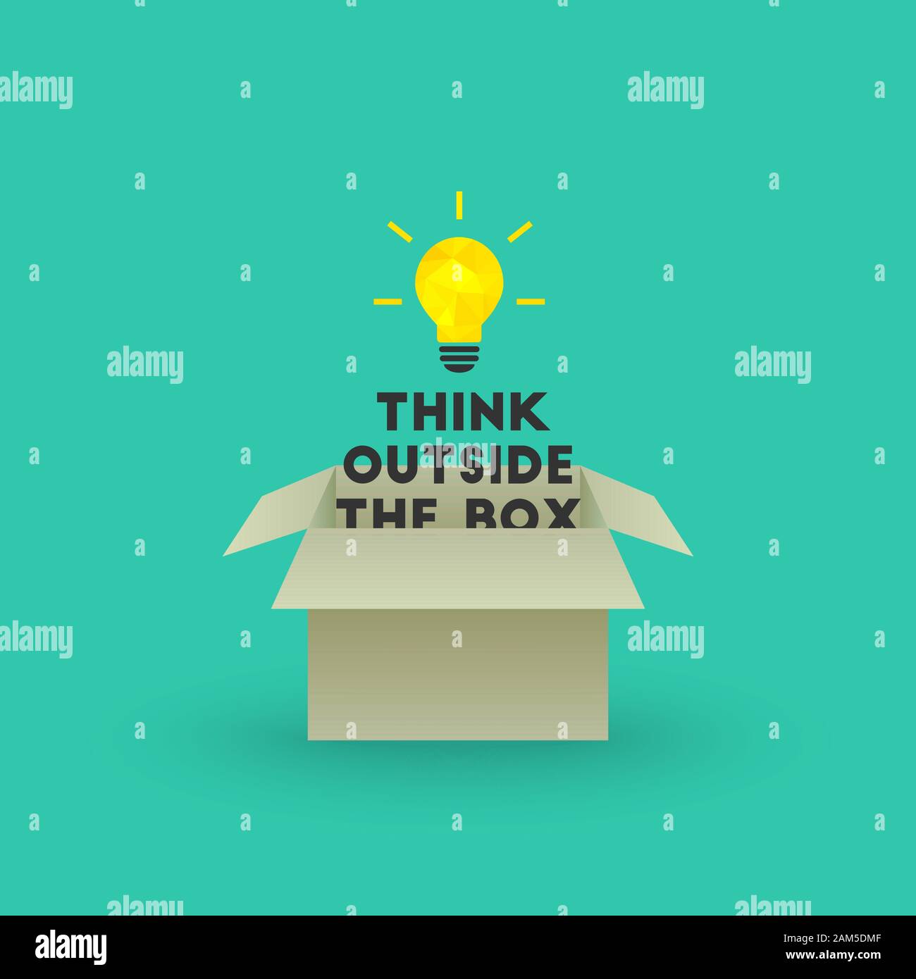 Think outside the box concept with bright lightbulb and text emerging out of cardboard box Stock Vector