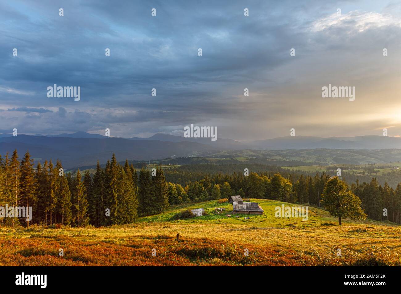 Incredible sunset with yellow clouds and sun looking at camera in golden autumn landscape Stock Photo