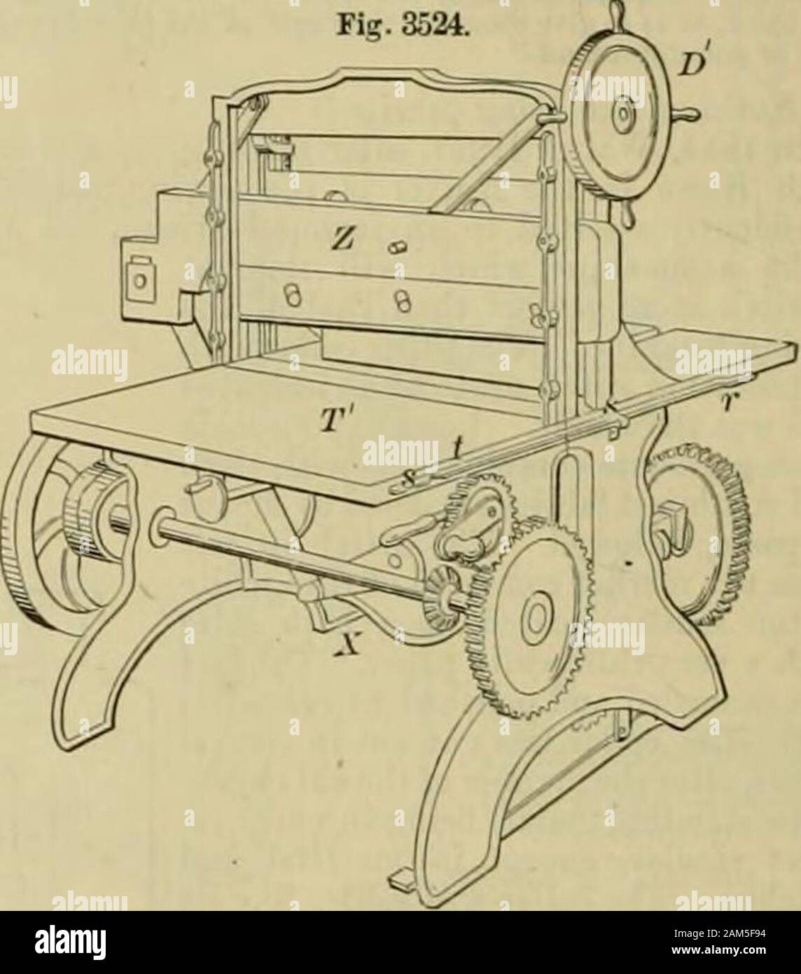 Knight's American mechanical dictionary : a description of tools, instruments, machines, processes and engineering, history of inventions, general technological vocabulary ; and digest of mechanical appliances in science and the arts . is susjiendedfrom a horizontal cross-piece at the top of the frameby means of two toggles or swinging-bars, wliich,when the cutter-stock is elevated, as shown in theengraving, occupy an inclined position. The cutter-stock is connected by a pitman with a crank arrangedunderneath the table, and rotated when the appara-tus is in use by a belt-wheel operating throug Stock Photo