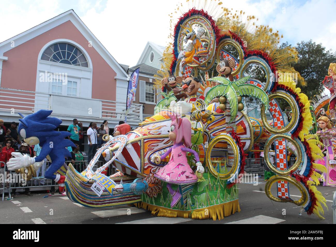 A Sonic the Hedgehog float at the Junkanoo festival on Boxing Day in Nassau, the Bahamas Stock Photo