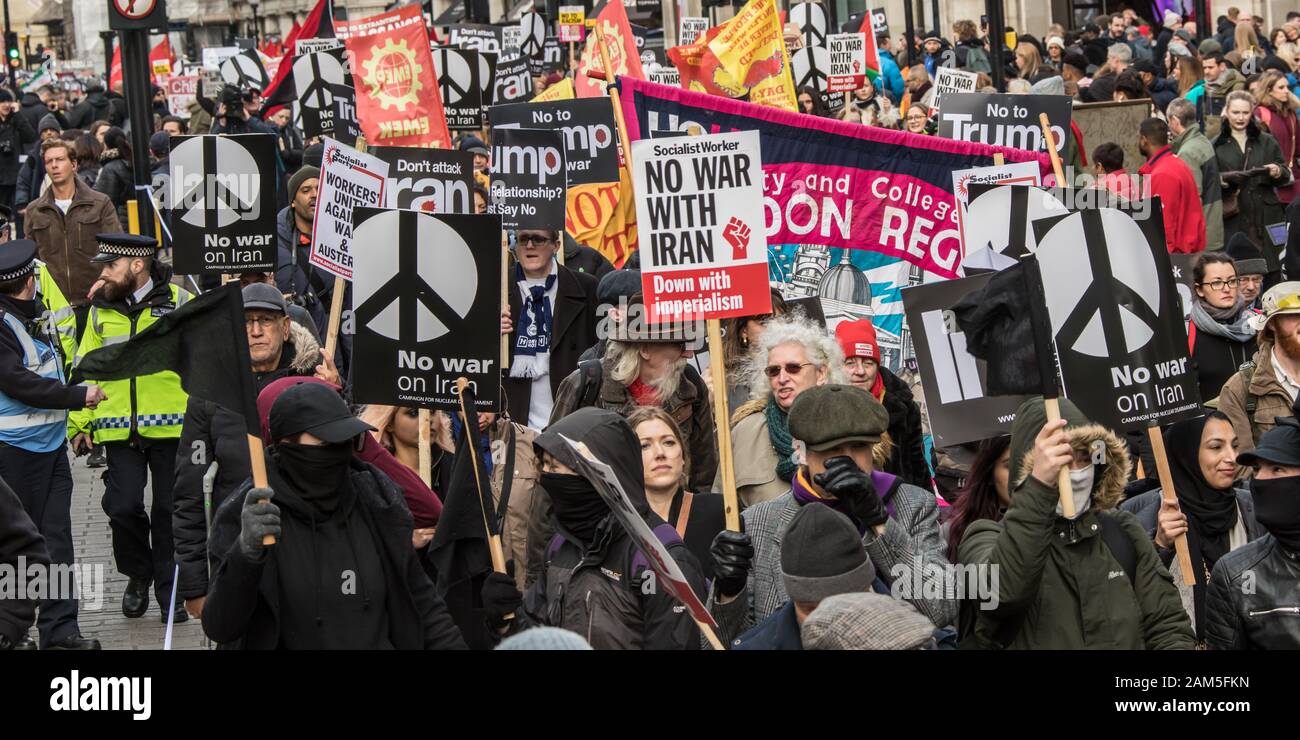 London, UK. 11th Jan, 2020. After the assassination of Qasim Soleimani in Baghdad by the USA and increasing tension in the Middle East, demonstrators marched through central London to demand ‘no War on Iran', 'no war on Iraq and 'troops out of Iraq'. They then rallied in Trafalgar Square to hear speeches from a range of people including Jeremy Crobyn. The event was organised jointly by The Stop The War Coalition and The Campaign For Nuclear Disarmament and similar events took place around the UK. Credit: David Rowe/Alamy Live News Stock Photo