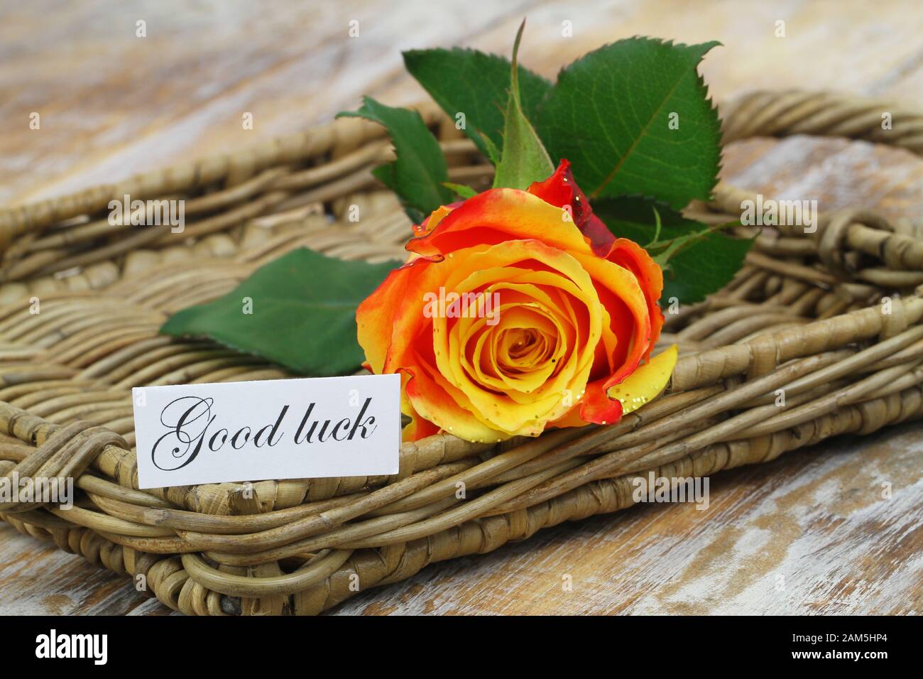 Good luck card with one orange rose covered with glitter on wicker