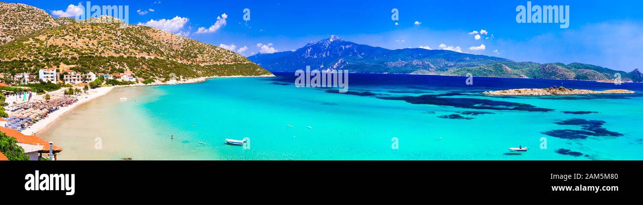 Beautiful beach of Samos island,view with turquoise sea and mountains,Greece. Stock Photo
