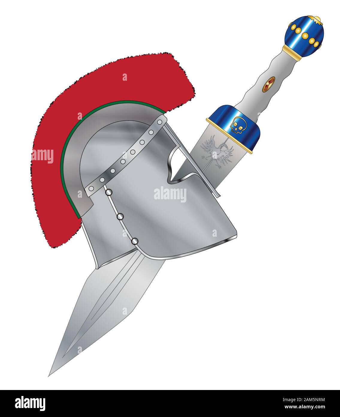 A typical roman gladiators metal helmet and sword over a white background Stock Vector