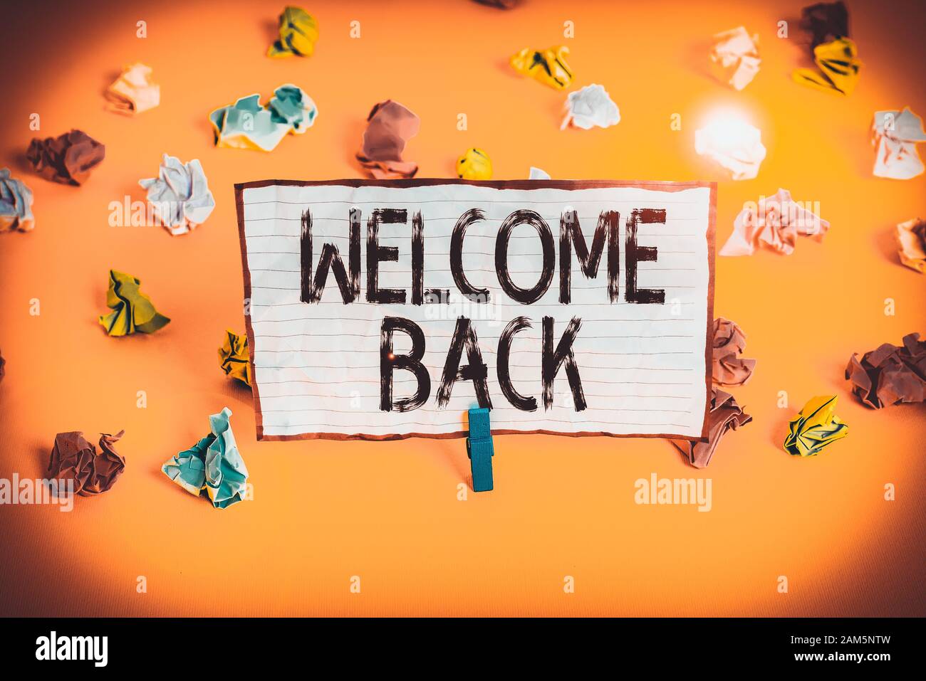 Conceptual hand writing showing Welcome Back. Concept meaning something back  to greet the return of someone or something Colored crumpled paper empty  Stock Photo - Alamy