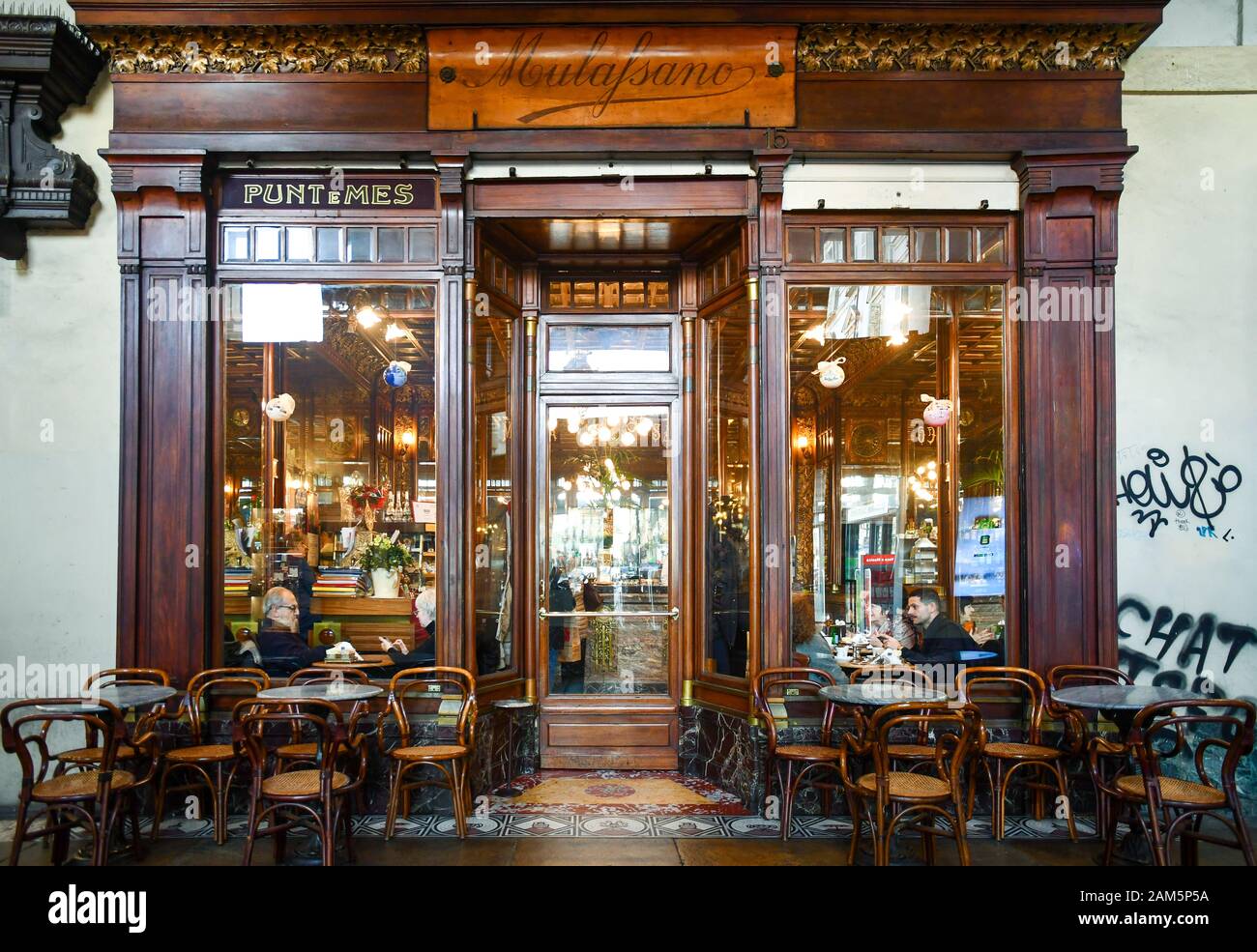 Exterior of the historical place Caffé Mulassano (1907), café in Art Nouveau style in Piazza Castello square in the centre of Turin, Piedmont, Italy Stock Photo