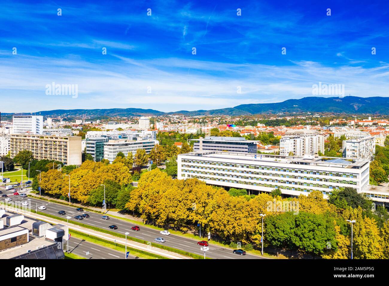 Croatia, city of Zagreb, panoramic view of business center and modern towers, Vukovarska street, urban skyline from drone Stock Photo