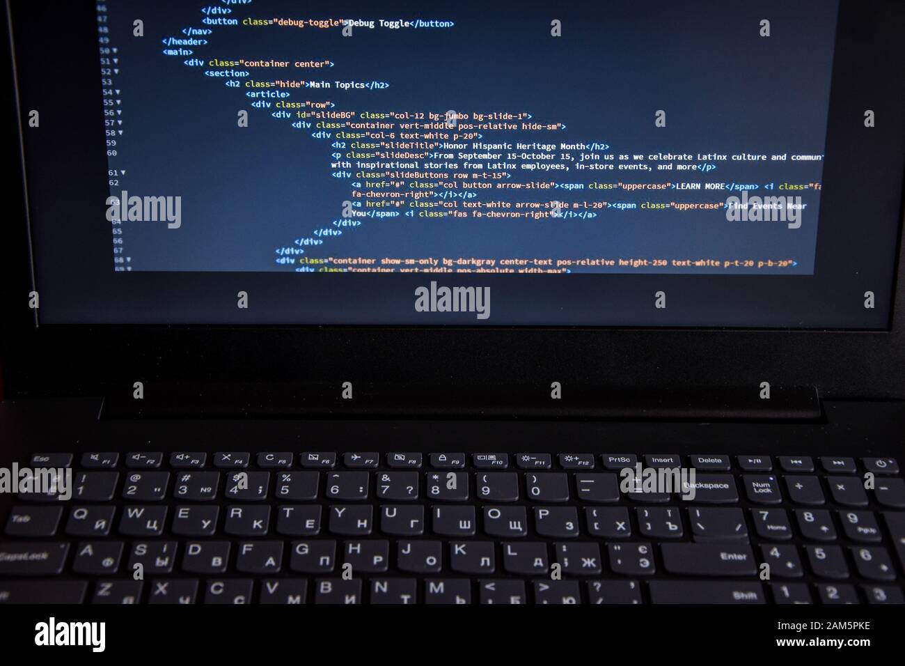 Close up css HTML code on monitor screen with black background Stock ...