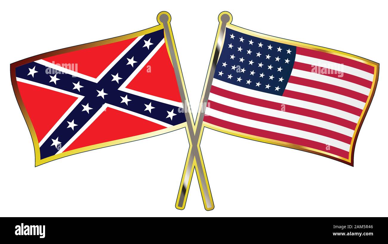 The flag of both sides during the American Civil War crossed with flag poles as a lapel pin Stock Vector