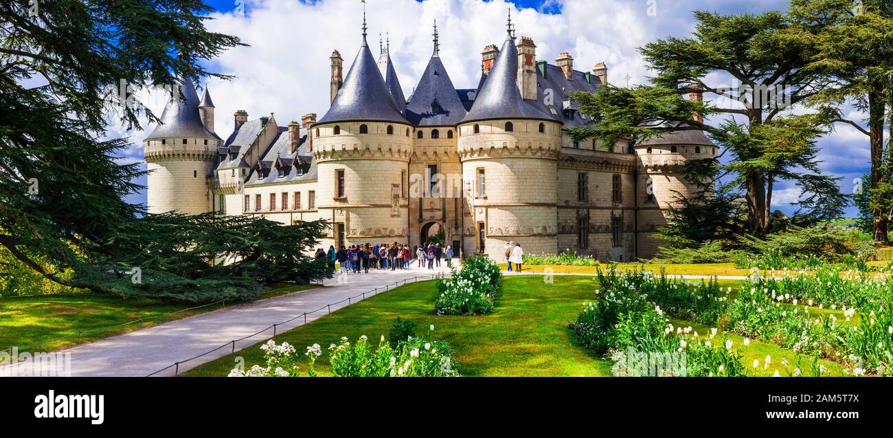 Elegant Chaumont sur Loire medieval castle,view with beautiful gardens,France. Stock Photo