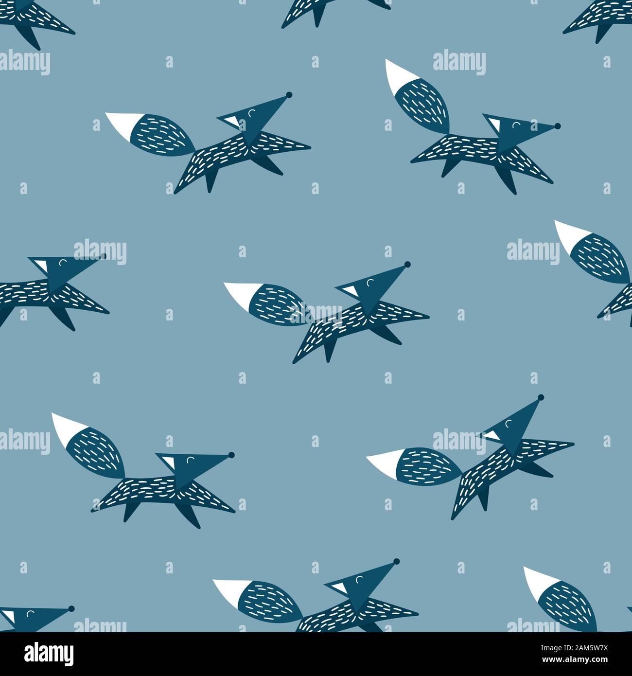 Seamless pattern with cute blue scandinavian foxes on blue background. Flat vector illustration. Stock Vector