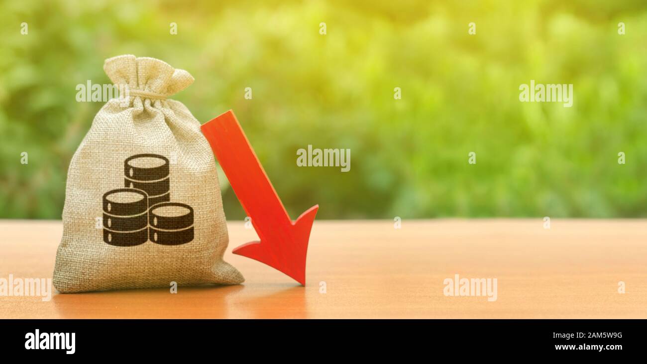 Money bag and red arrow down. Deposit interest rate reduction, cheap loans. Depreciation of national currency, inflation, investment attractiveness. E Stock Photo