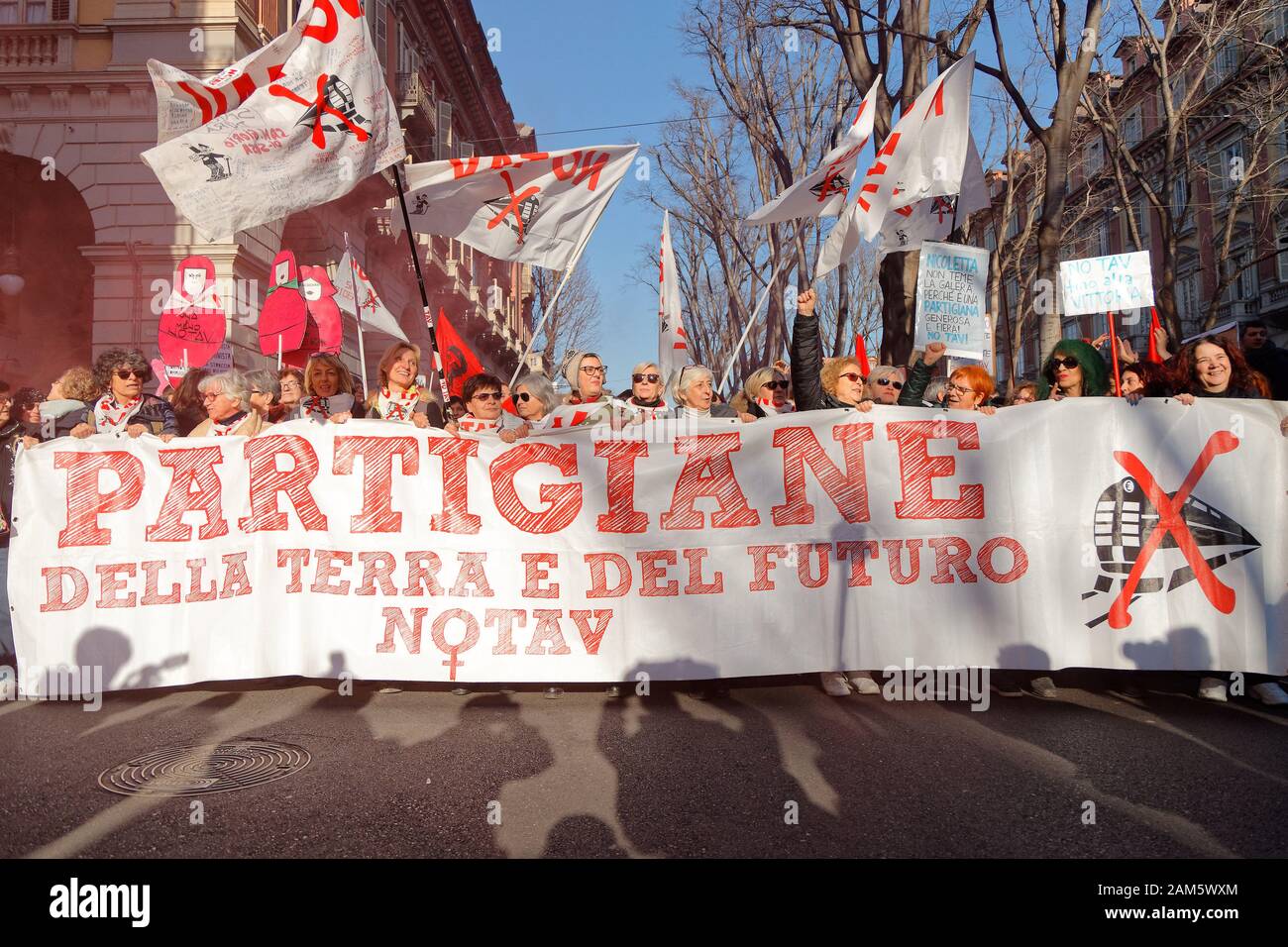 Turin, Italy. 11th Jan, 2020. “No-TAV” (Lyon-Turin railway) activists demonstrate against the imprisonment of 74-year-old Nicoletta Dosio. Credit: MLBARIONA/Alamy Live News Stock Photo