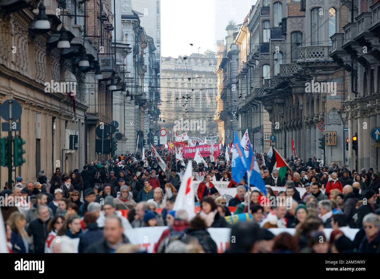 Turin, Italy. 11th Jan, 2020. “No-TAV” (Lyon-Turin railway) activists demonstrate against the imprisonment of 74-year-old Nicoletta Dosio. Credit: MLBARIONA/Alamy Live News Stock Photo