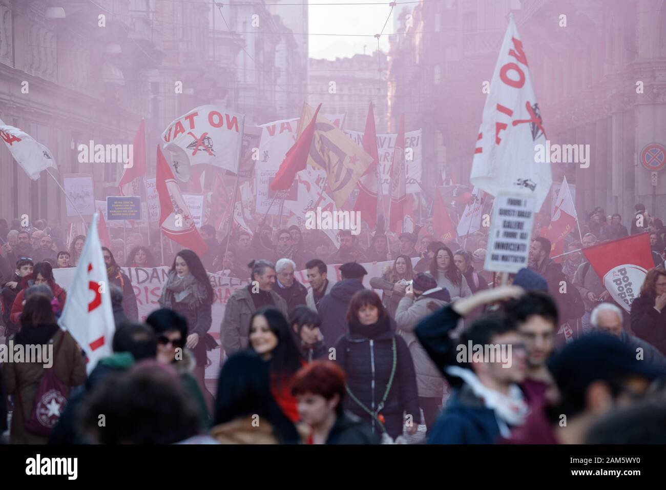 Turin, Italy. 11th Jan, 2020. “No-TAV” (Lyon-Turin railway) activists demonstrate against the imprisonment of 74-year-old Nicoletta Dosio. Credit: MLBARIONA/Alamy Live News Stock Photo