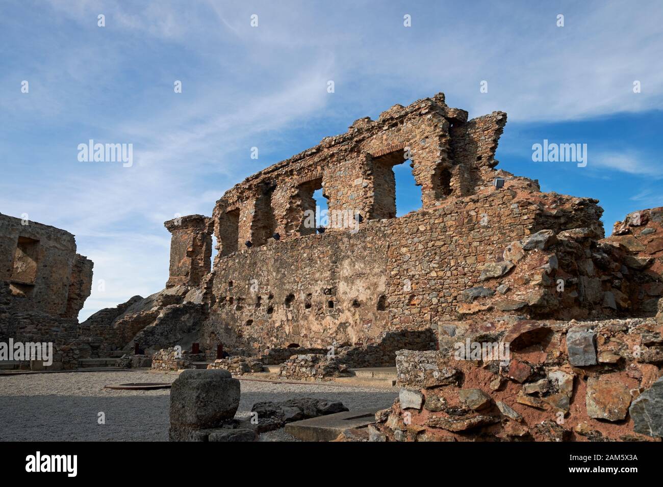 The ruins of the fortified Cristovao de Moura Palace in the hilltop medieval village of Castelo Rodrigo, Portugal. Stock Photo