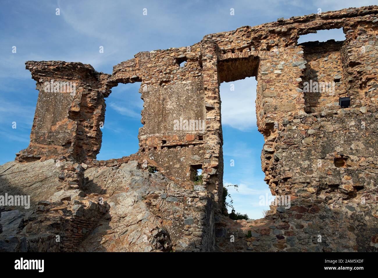 The ruins of the fortified Cristovao de Moura Palace in the hilltop medieval village of Castelo Rodrigo, Portugal. Stock Photo