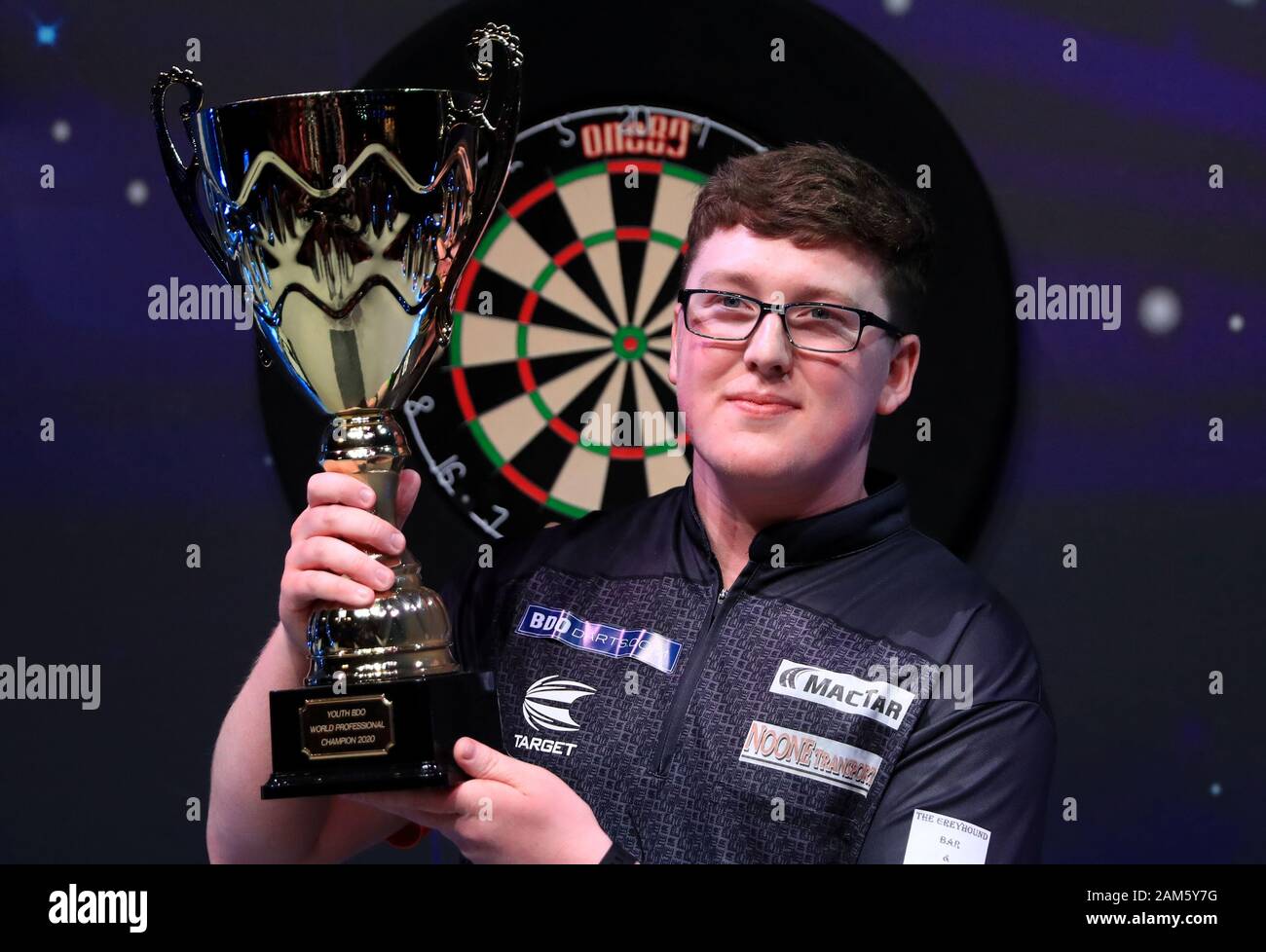 Keane Barry celebrates winning the youth final during day eight of the BDO World Professional Darts Championships 2020 at The O2, London. Stock Photo
