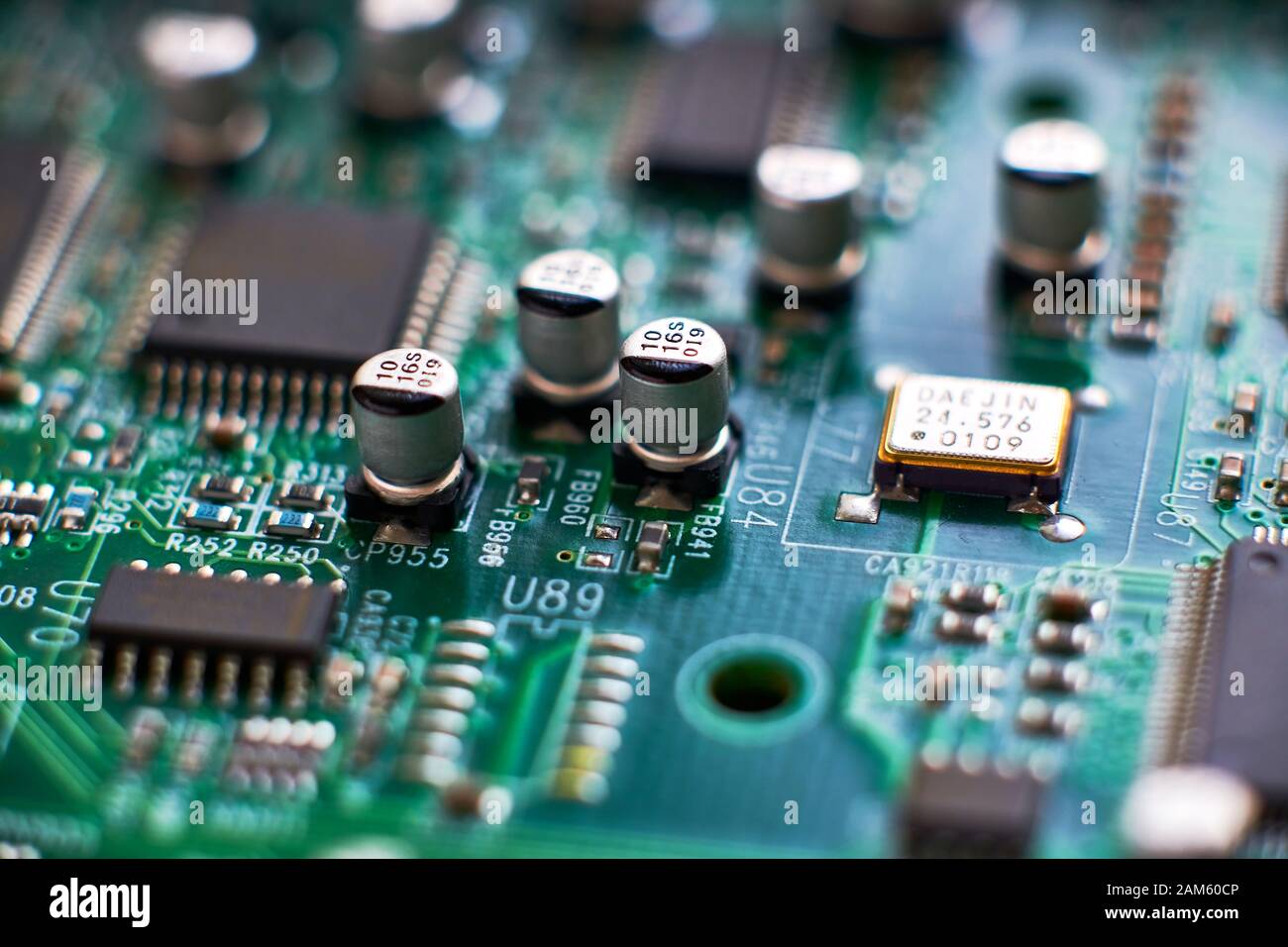 printed circuit Board with chips and radio components electronics Stock Photo