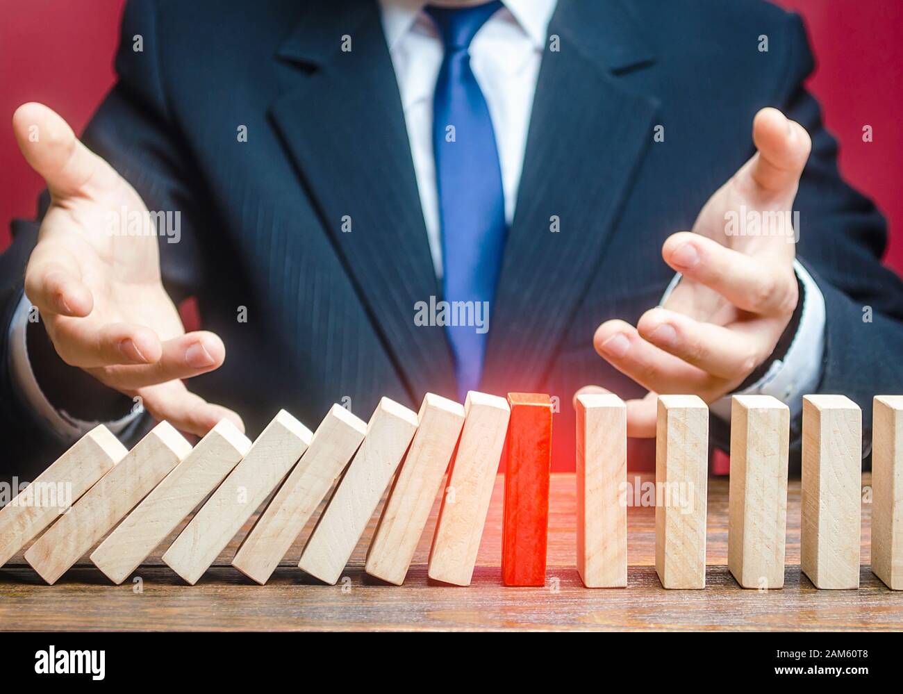 Businessman is surprised by stop of work process. Efficient reliable method. Unreliable, vulnerable. Error or failures, force majeure. Elimination of Stock Photo