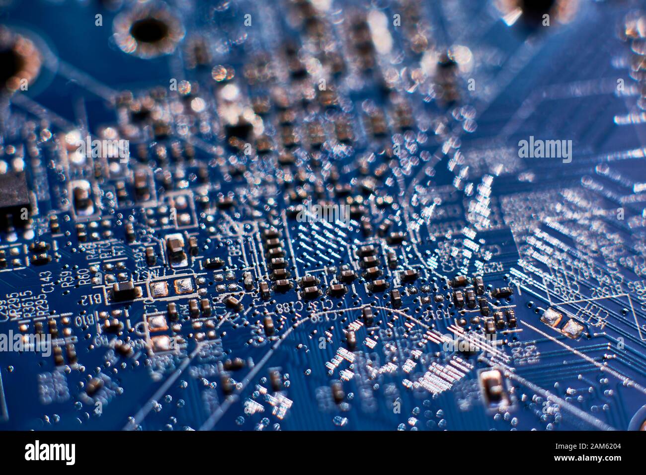 printed circuit Board with chips and radio components electronics Stock Photo