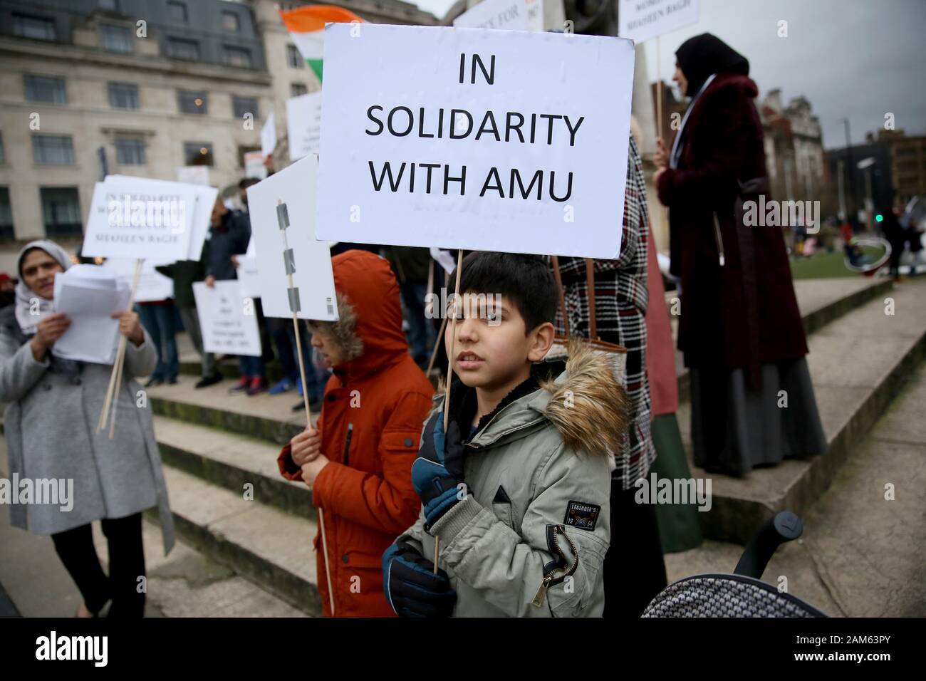 Manchester, UK. 11th January,2020.  Protesters opposed to India's Citizenship Amendment Act which they say discriminates on the bases of religion. Piccadilly Gardens, Manchester, Lancashire, UK. Credit: Barbara Cook/Alamy Live News Stock Photo
