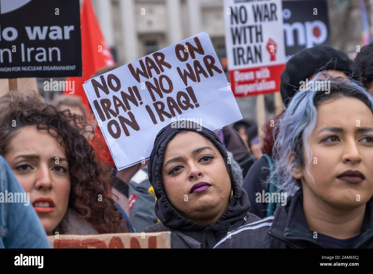 London, UK. 11th January 2020. Stop the War and CND rally in Trafalgar Square following President Trump's act of war in ordering the assassination of Iranian general Qassem Soleimani in Baghdad, contravening international law and increasing the risk of a major war in the Middle East. Speakers included Lindsey German, Steve Hedley, RMT, Jeremy Corbyn, Diane Abbott, Bruce Kent, Tariq Ali, Sami Ramadani and Andrew Murray. Peter Marshall/Alamy Live News Stock Photo