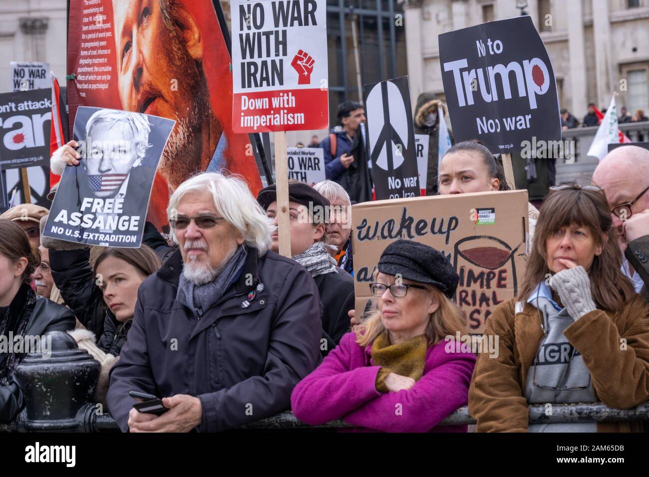 London, UK. 11th January 2020. Stop the War and CND rally in Trafalgar Square following President Trump's act of war in ordering the assassination of Iranian general Qassem Soleimani in Baghdad, contravening international law and increasing the risk of a major war in the Middle East. Speakers included Lindsey German, Steve Hedley, RMT, Jeremy Corbyn, Diane Abbott, Bruce Kent, Tariq Ali, Sami Ramadani and Andrew Murray. Peter Marshall/Alamy Live News Stock Photo