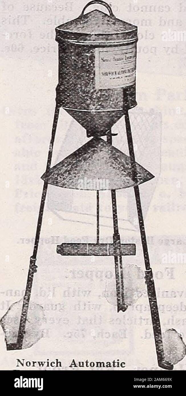 Annual catalogue of Schwill's sure seeds . chicks. Fillthe hopper with any drygrain feed, or any mixture ofdry grain feed, and the re-volving feed bar with wheator cracked corn. Stand theNorwich Automatic Exerciserand Feeder anywhere in theyard, pen or house, and putany kind of litter under ma-chine. Adjust valve to feeddesired quantity. No. 1, 8 qt.,each, $2.50; No. 2, 14 qt., each$3.25; 20 qt., $4.50. All f.o.b.Memphis. Norwich AutomaticExerciser and i-e^u^r Combined Food and Water Holder. Undoubtedly one of the best combination devices on themarket. Can be used for mash, wet or dry grain, o Stock Photo