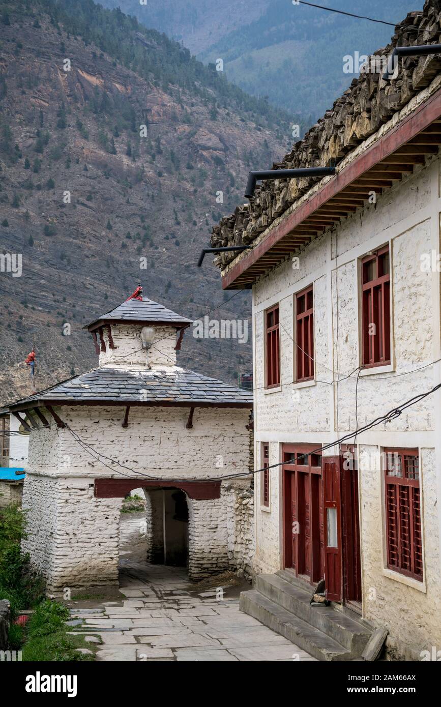 Entrance gate to Marpha, small village in Mustang district, Nepal Stock Photo