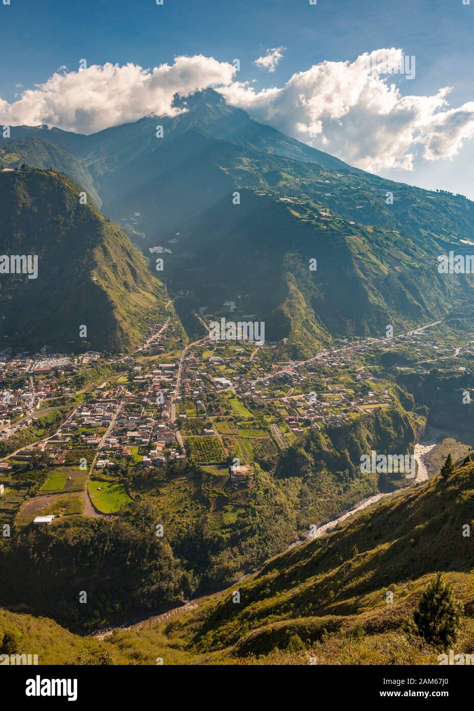 View of the town of Baños de Agua Santa and Tungurahua volcano (5023m