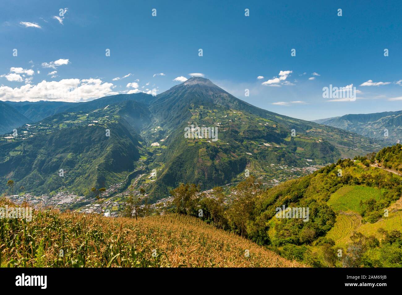 View of the town of Baños de Agua Santa and Tungurahua volcano (5023m) in Ecuador. Stock Photo